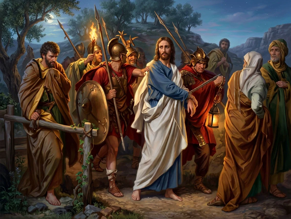 JESUS TAKEN BY THE SOLDIERS.

“Over the brook Kedron, past gardens and olive groves, and through the streets of the sleeping city, they hurried Jesus.”