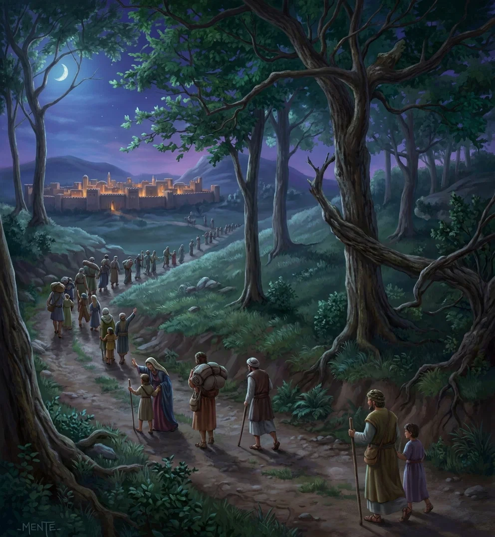 A small procession of travelers winds along a curving path through a wooded landscape toward a distant settlement on the horizon, whose pale towers or buildings are visible beyond rolling fields. Several figures walk in groups along the road, including people carrying bundles or staffs, while one foreground traveler stands with a long walking stick beside another figure. Tall, leafy trees frame the scene on both sides, with a shaded grove to the right and open countryside to the left. The lower-left corner bears the artist’s signature, appearing to read “C. MENTE.”