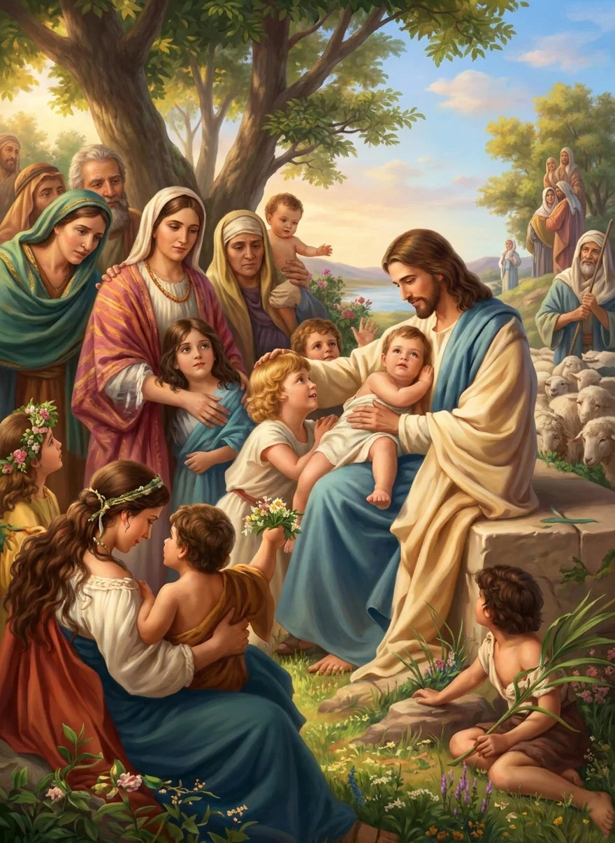 JESUS BLESSING THE CHILDREN.

“He took the children in His arms, He laid His hands upon them, and gave them the blessing for which they came.”