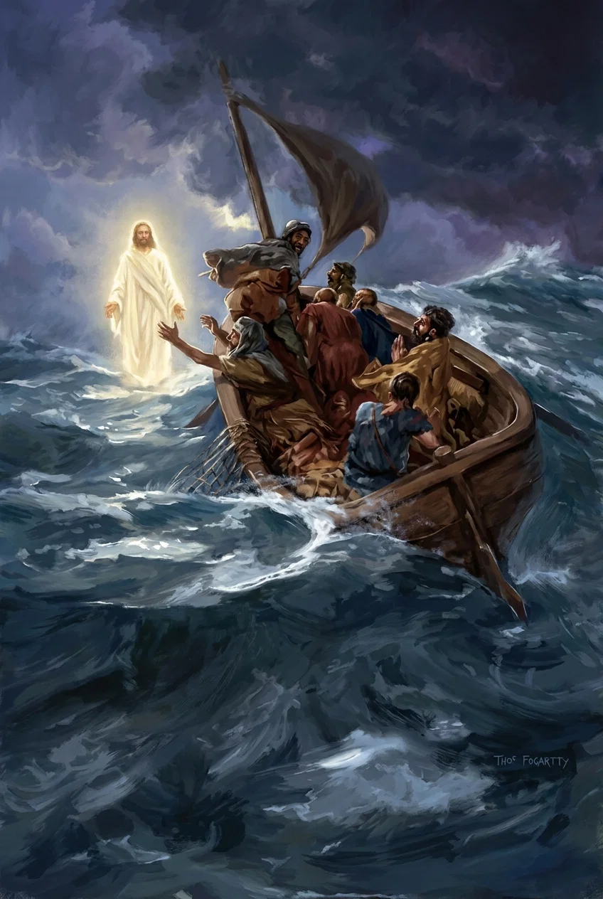 “IT IS I; BE NOT AFRAID.”

“All eyes are riveted on this vision of a man walking upon the white-capped billows.” Page 381.