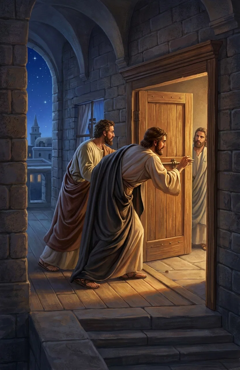 “The door is carefully unbarred.”