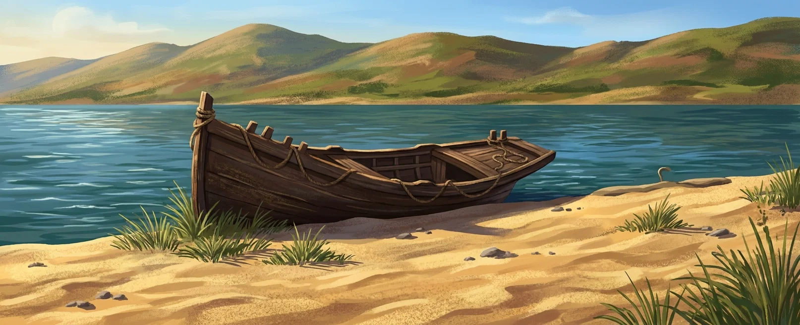 A small, dark wooden boat rests along the shore of a calm body of water, viewed from the side with its bow pointing right and its stern or raised end at left. The hull is heavily shaded, while the open interior shows seats, ribs, and planking. Sparse reeds and grasses grow beside the boat on the sandy or rocky bank. Thin horizontal lines mark the distant water and far shoreline, with low, gently undulating hills or mountains along the horizon. A tiny indistinct object appears near the right side of the water, but no people, animals, or lettering are visible.