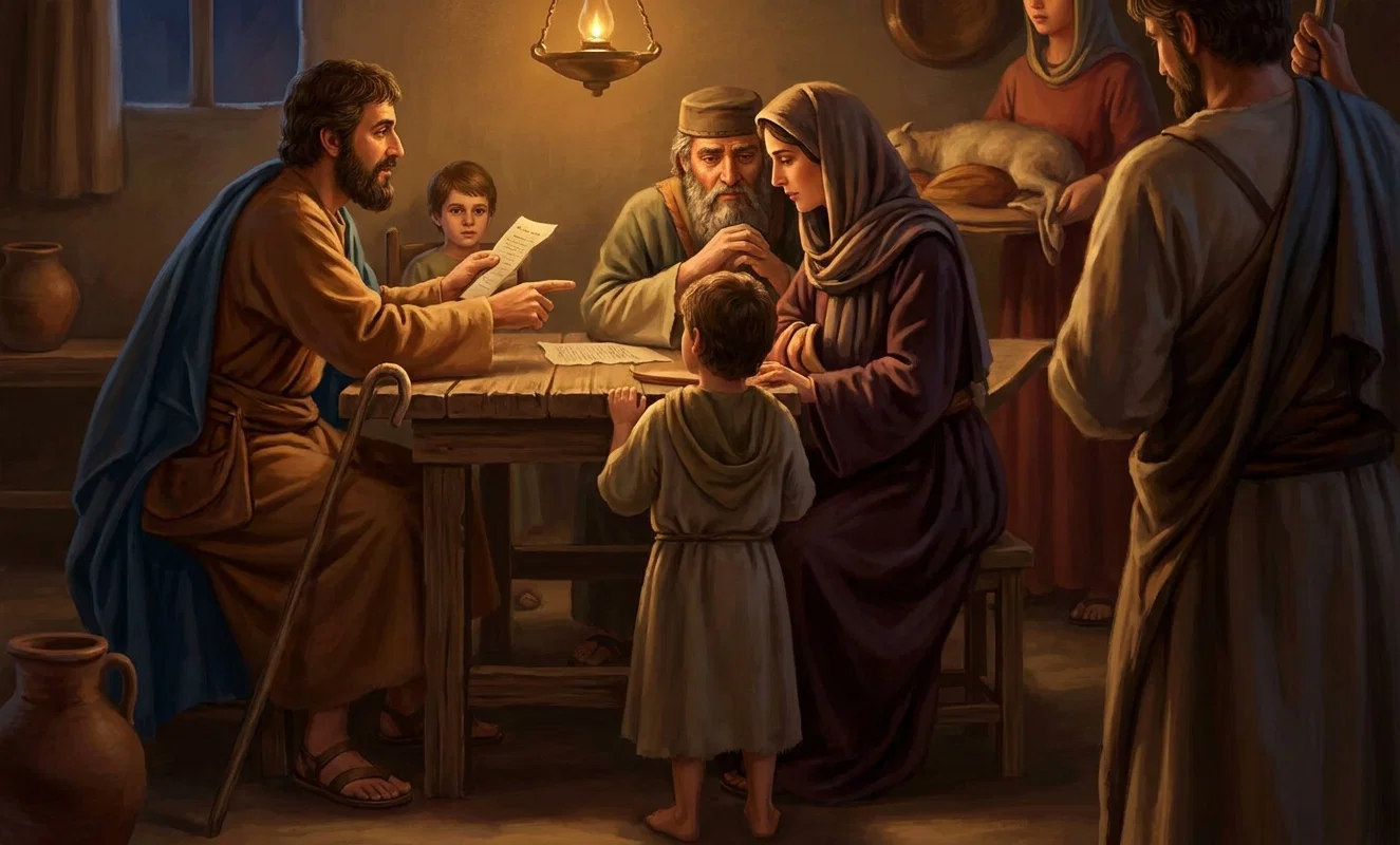 A crowded interior scene shows the boy Jesus among Jewish travelers during the Passover journey. At left, a bearded man in a dark cap sits at a table, gesturing toward an open scroll or document, while a child behind him looks on. Jesus, centrally placed in profile with long hair and a simple cap, leans toward an older bearded man seated beside him, who appears deep in conversation or contemplation. Several women and men gather in the background and at right, some seated at tables, creating the atmosphere of a busy lodging or communal meeting place.