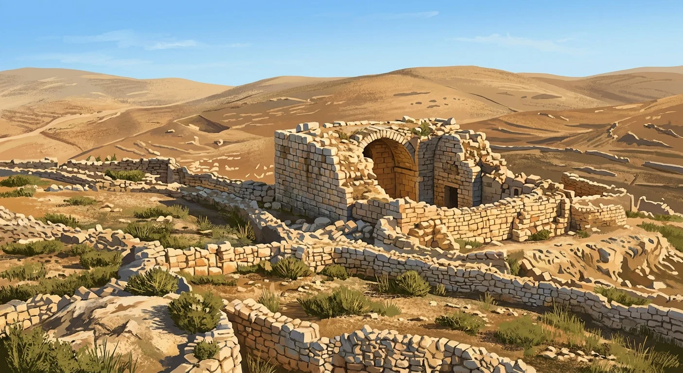 A broad, barren rural landscape is shown from an elevated viewpoint, with cultivated or terraced fields and low stone boundaries stretching across the foreground and distant hills. At the center stands a substantial circular or roughly oval stone ruin, composed of rough masonry walls surrounding a deep, dark central opening or chamber. Additional collapsed stones and fragmented wall lines extend around it, while scattered vegetation appears along the field edges. No people, animals, signs, or lettering are visible.
