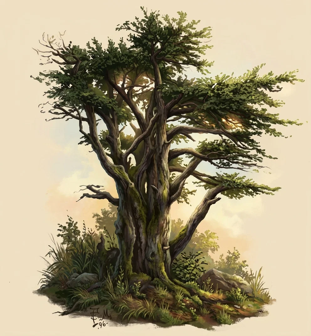 A detailed black-and-white drawing depicts a large, ancient, gnarled tree standing on a small grassy rise. Several thick trunks twist upward and divide into numerous rugged branches, while broad, windswept clusters of fine foliage spread irregularly to both sides and crown the top. The heavily textured bark and contorted limbs suggest age and exposure to strong weather. Sparse grasses and low vegetation surround the base, with open, unmarked space behind the tree. No people, animals, signs, or lettering appear in the artwork.