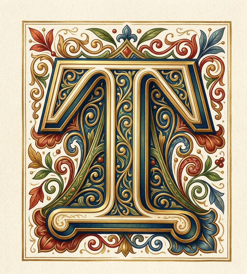 A highly ornamented capital letter fills the center of the image, enclosed within a thin rectangular border. The letter has bold, curling strokes arranged symmetrically, with elaborate vine-like scrollwork, leaf shapes, loops, and small decorative flourishes woven through and around its form. Fine black outlines and patterned interior details give the initial a richly embellished, medieval-style appearance, while additional curls and floral motifs occupy the surrounding corners and margins.