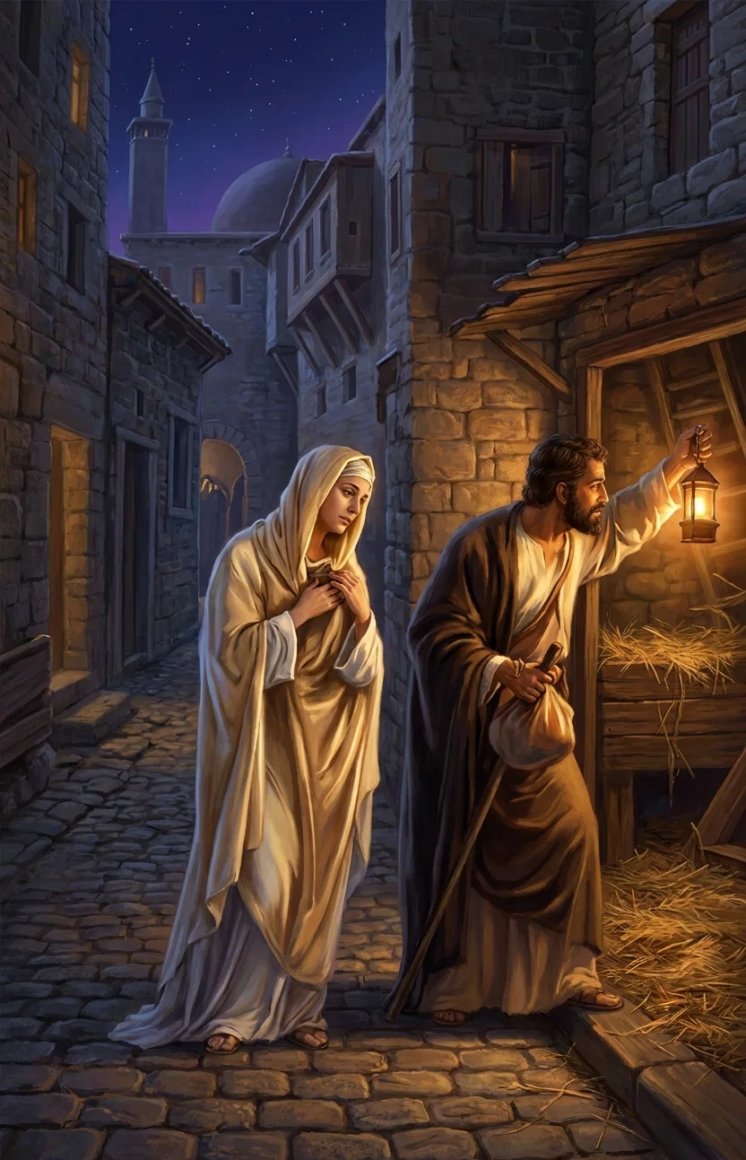 JOSEPH AND MARY SEARCHING FOR A RESTING-PLACE.

“Weary and homeless, they traverse the entire length of the narrow street.”