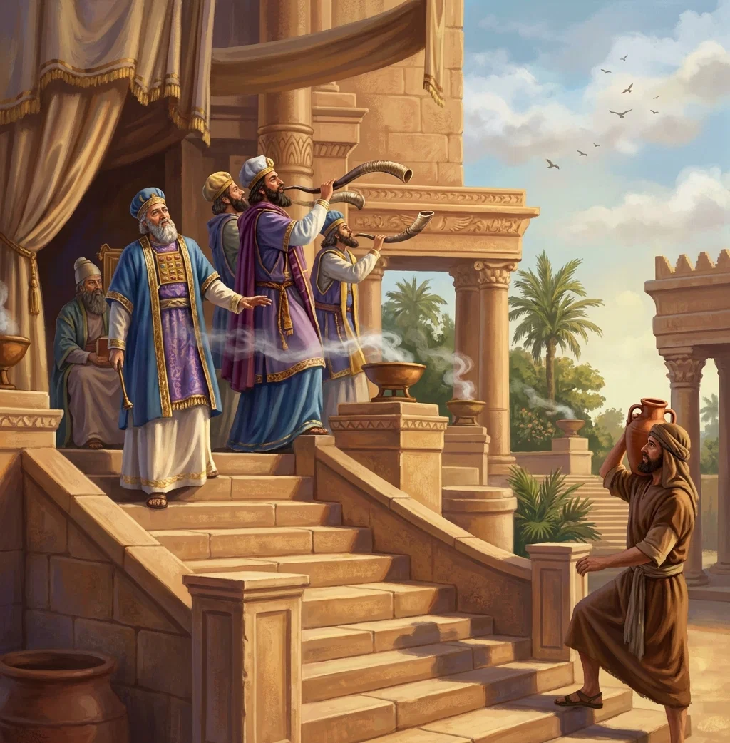 “He ascended the broad steps of the temple, keeping time with the music with slow and measured tread.”