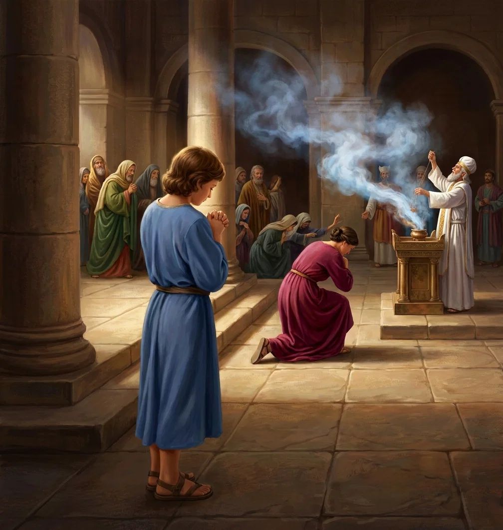 “He saw the white-robed priests performing their solemn ministry.”