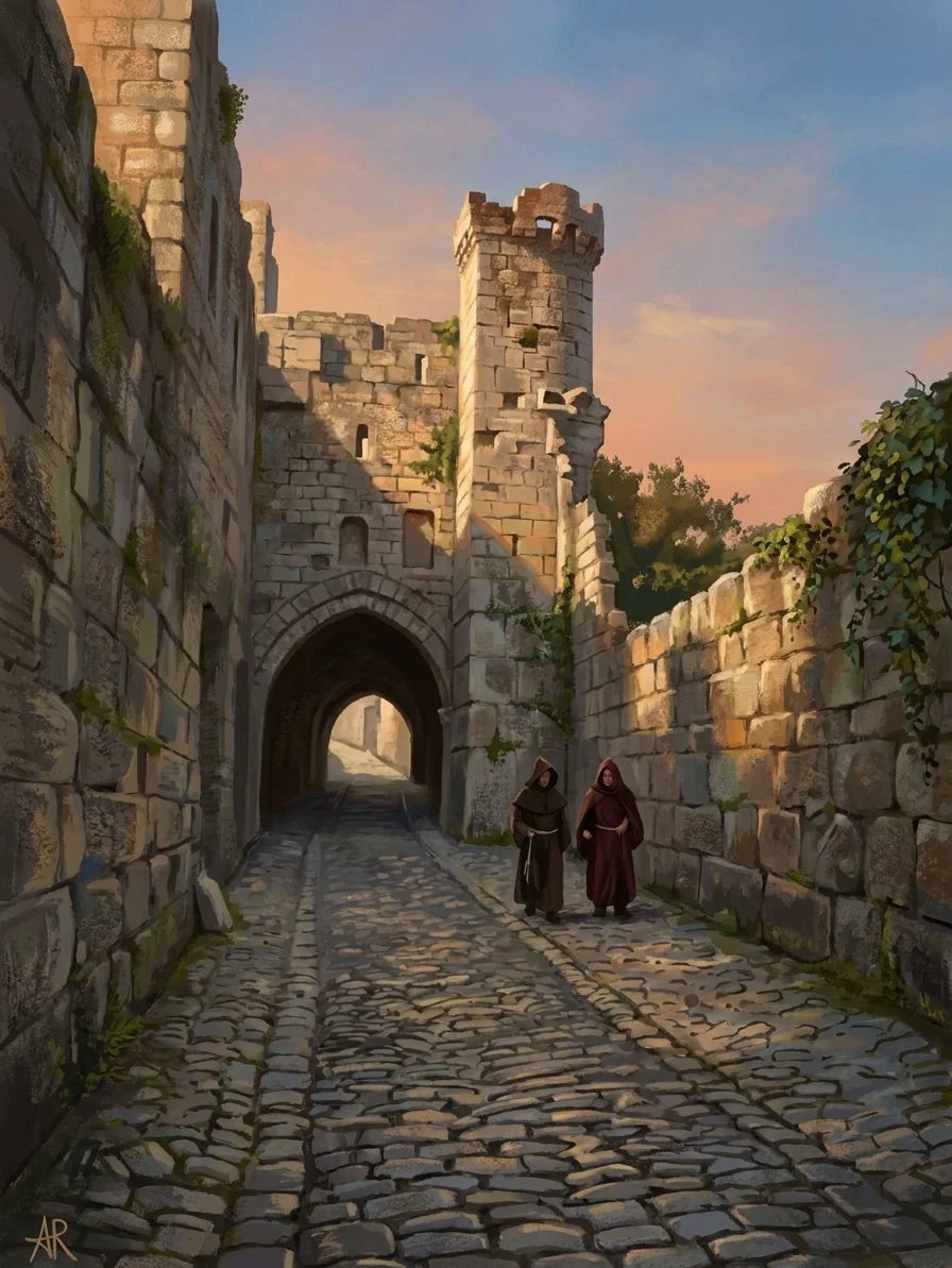 A narrow, cobblestoned lane winds between tall, weathered stone walls toward a dark arched gateway. Above and behind the arch rises an old square masonry tower with a rough, uneven top, while a taller crumbling wall stands along the left side and lower ruins extend to the right. Two small figures in long dark clothing walk together near the gateway, providing scale. Sparse shrubs grow from the stonework, and the road continues through the arch toward a bright opening in the distance.