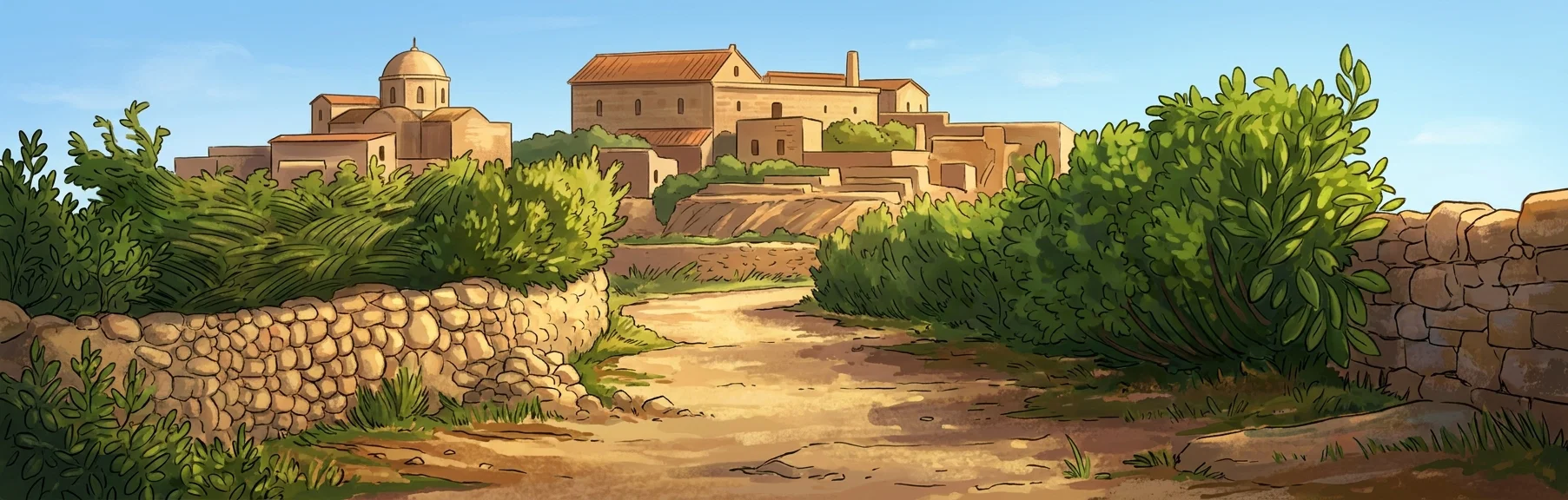A quiet rural landscape is shown from a low viewpoint, with a rough stone wall or embankment crossing the foreground and dense shrubs and leafy vegetation on both sides. Beyond the greenery, a broad open path or shallow streambed leads toward several simple buildings on elevated ground, including long, barnlike structures and a smaller tower or roofed structure. The scene is rendered in fine black linework, with scattered stones and grasses in the foreground and large curling leaves framing the right edge. No people or animals are visible.