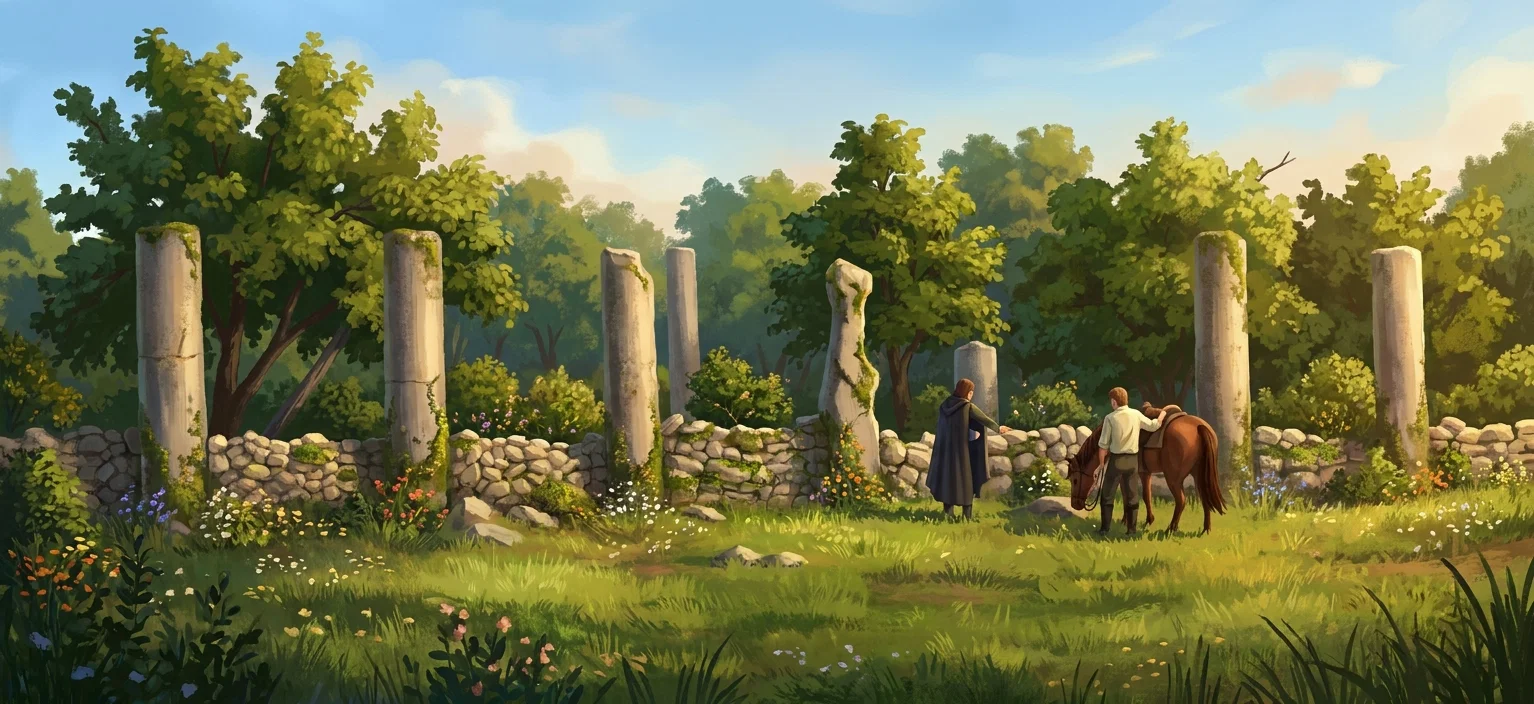 A rustic countryside scene shows a low, rounded-stone wall running across the middle of the image, interrupted by a row of tall, rectangular pale stone or concrete posts. Behind the wall is a densely wooded or orchard-like area with leafy trees and shrubs, while the foreground is filled with tall, roughly sketched grass and weeds. Near the right side, two small dark-and-white livestock animals, likely cows, stand beside the wall and posts. The composition is rendered in black ink with dense hatching and loose naturalistic lines; no lettering or signs are visible.