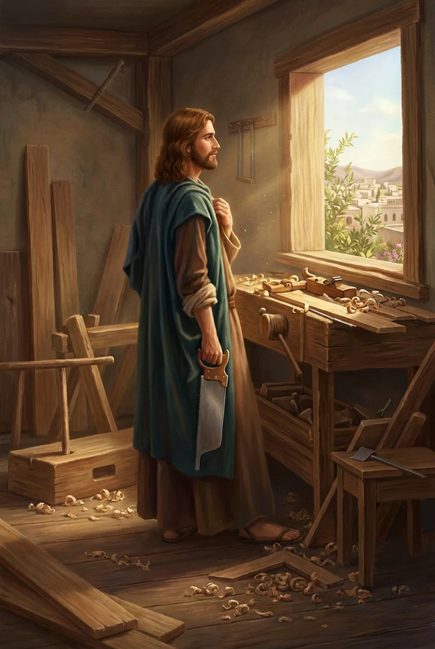 A long-haired, bearded man in a full-length robe stands in profile inside a dim carpenter’s workshop, gazing toward a large bright opening or window at the right. He holds a hand tool or implement at his side, while another tool rests near his shoulder. A rough workbench beneath the opening is scattered with shavings and equipment, with stools, boards, and additional carpentry tools arranged around the room. Strong light from outside outlines the figure and illuminates indistinct foliage or objects beyond the opening.
