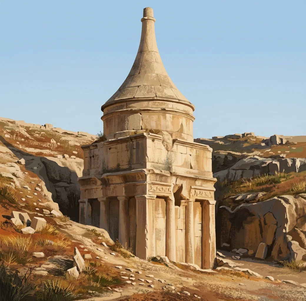 A detailed pen-and-ink architectural scene shows a small historic shrine or chapel built against a sloping hillside. The structure has a tall, tapering conical roof capped by a short cylindrical finial, a rounded upper section with projecting cornices, and a lower rectangular façade supported by columns or pilasters. Heavy cross-hatching defines shaded walls, roof edges, and surrounding vegetation. A rough path with scattered stones leads toward the building, while dense hedges or bushes flank it on the right and rise behind it on the left. Small indistinct figures or objects appear near the lower-left foreground; no lettering is visible.