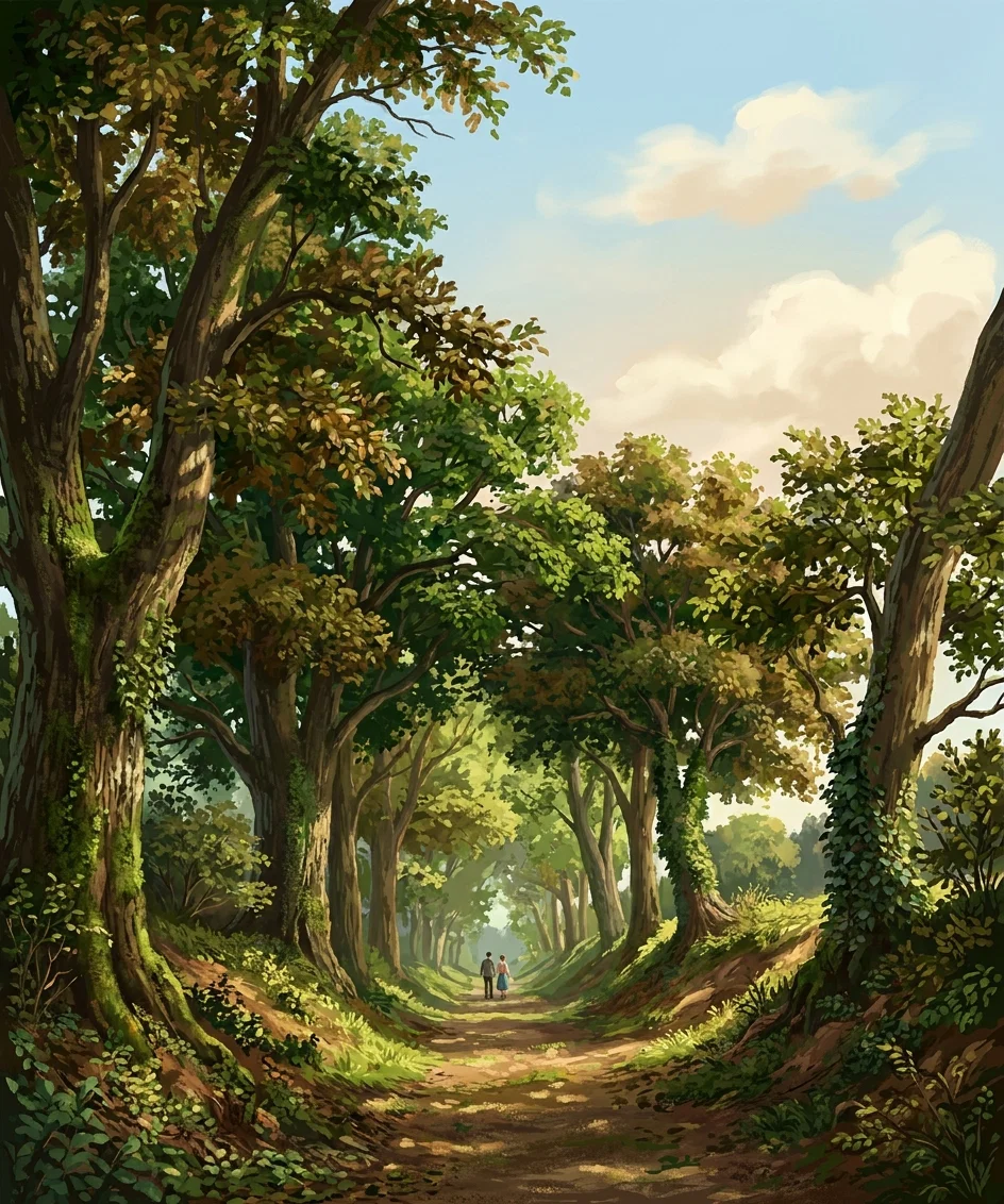 A quiet, wooded ravine or narrow canyon is shown, with steep, heavily shaded rock or earth banks rising on both sides. Dense vegetation, including tall trees, shrubs, and trailing foliage, crowns the cliffs and fills the background. A shallow stream or wet path winds through the center foreground, marked by horizontal ripples or stones, while two tiny human figures stand in the distance along the passage. A large tree trunk and exposed roots anchor the lower left corner, contrasting with the lighter open space beyond.