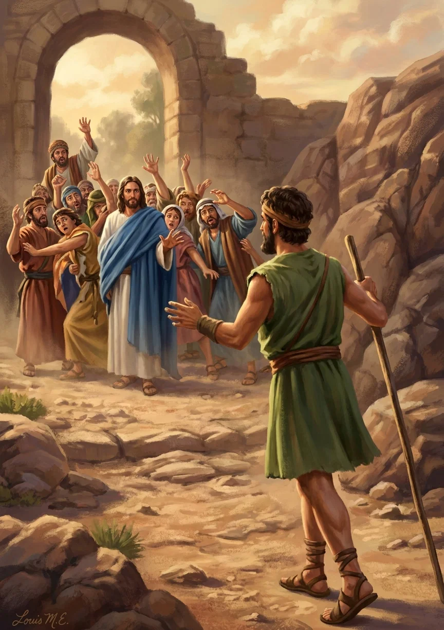 “At sight of him the people fall back in terror.” Page 263.