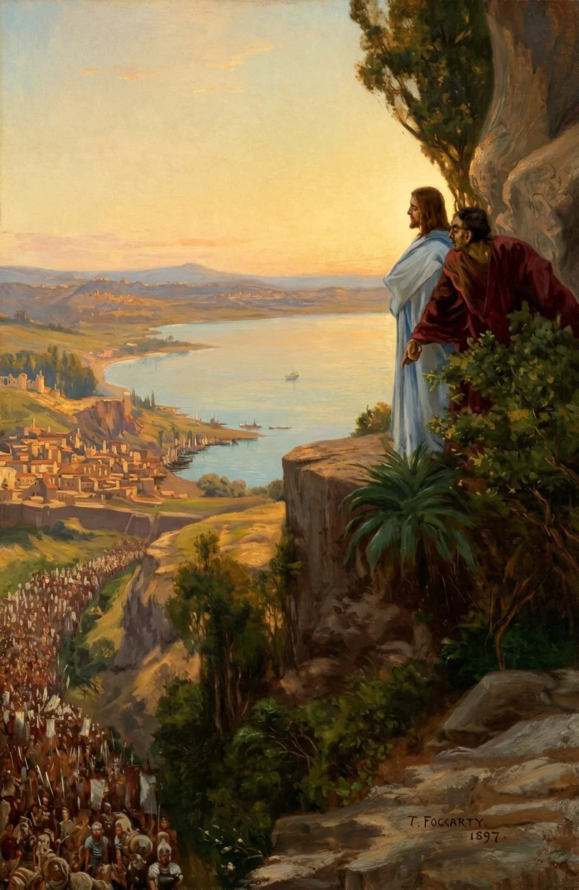 CHRIST AND SATAN ON THE MOUNTAIN.

“Satan caused the kingdoms of the world, in all their glory, to pass in panoramic view before Him.”