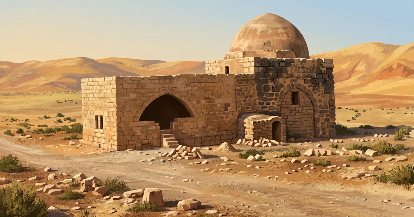 A low, weathered stone structure stands in a barren, rocky landscape, with a large rounded dome rising above its roof and a small finial at the top. The right side is an older, heavily textured masonry wall containing a dark arched doorway or niche, while the left section is more simply plastered and has a broad black semicircular arch opening. Rubble and uneven stones lie scattered around the base, with faint rolling hills or ridgelines stretching across the distant horizon. No people, animals, or readable lettering are visible.