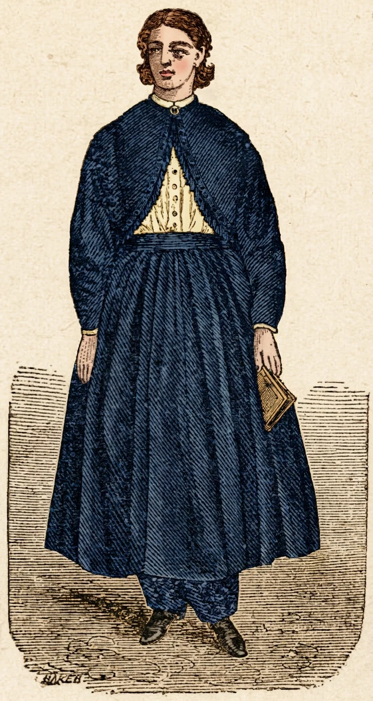 A full-length woman stands facing forward in a plain outdoor setting, wearing a nineteenth-century dress-reform outfit. Her dark, long-sleeved, high-necked bodice or jacket is gathered at the waist over a lighter buttoned blouse, and a voluminous ankle-length skirt falls nearly to the ground. Trouser-like garments and sturdy shoes are visible beneath the hem. She holds a small handled basket or bag in her lowered right hand, while her left hand hangs at her side. The figure is centered within a lightly shaded ground and rounded backdrop; a small artist’s signature appears near the lower left.
