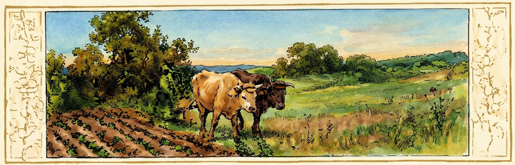 A quiet pastoral landscape stretches across the scene, with furrowed ground and low vegetation in the foreground, dense trees or brush along the left side, and open fields fading toward hazy hills in the distance. Near the center, a large light-colored sheep stands prominently beside a darker, upright form that appears to be a shepherd or tree trunk, with indistinct foliage around it. The composition emphasizes the animal against the broad rural setting, and no lettering or other text is visible within the image.