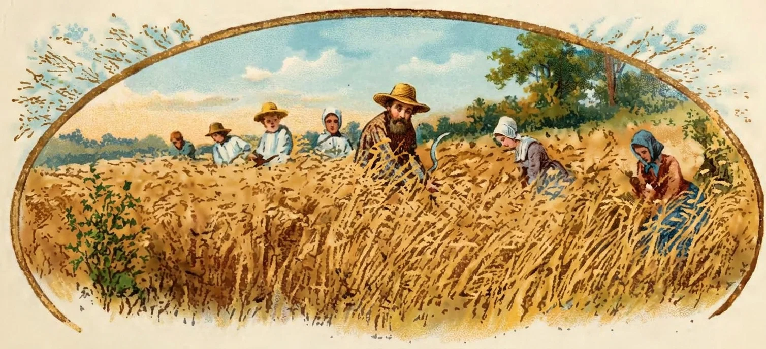 A pastoral scene shows several people gathered and partially concealed in a tall, windswept field of grain or meadow grass. Near the center, a prominent bearded man in a light robe sits or kneels among the stalks, with other figures clustered to his left, including people wearing brimmed hats or head coverings. On the right, a darker-clad figure bends or kneels in the grass, while another small figure stands farther behind. Low shrubs and a line of trees stretch across the distant horizon beneath a pale sky, all enclosed by a broad oval decorative border. No lettering is visible within the artwork.