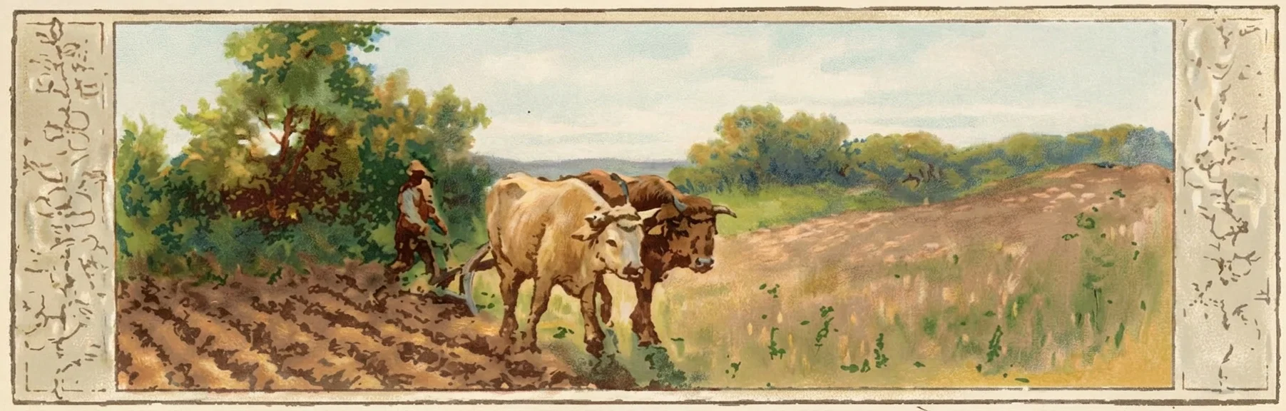 A rural field stretches across the scene, with two oxen in the foreground harnessed together and pulling a plow through the soil. A partially visible farmer walks behind them, guiding the plow as they cultivate the land. The left side is bordered by dense trees and brush, while the open field extends toward a low, hazy horizon beneath a broad sky. The composition emphasizes the animals and freshly turned furrows in the foreground, with no visible lettering or signs.