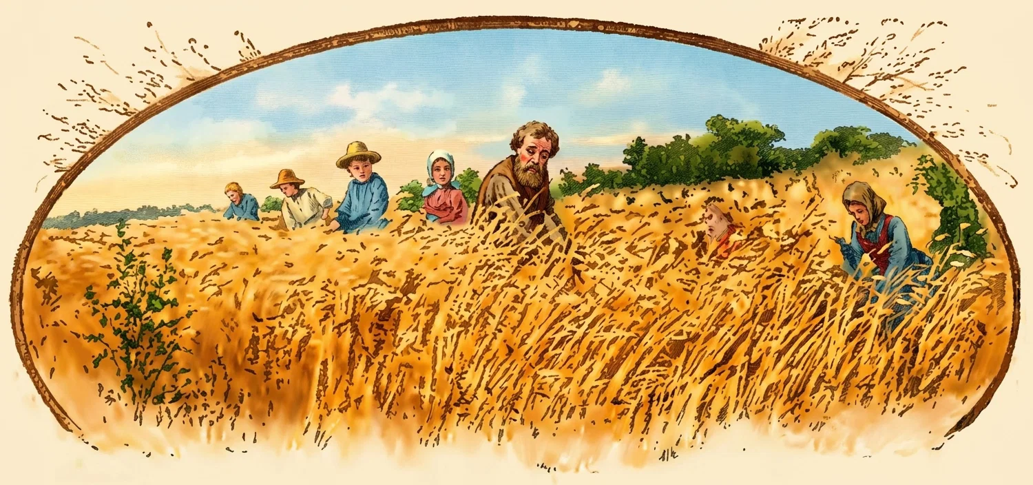 An oval-framed rural scene shows several people working among tall, wind-swept grain or grasses. Near the center, a bearded man in a long robe stands prominently, accompanied by other figures partially obscured by the crop; some appear to be bending or gathering plants. On the right, a solitary figure in darker clothing crouches or stoops in the field. Low shrubs and a line of trees stretch across the distant horizon beneath a broad, lightly clouded sky, creating a pastoral agricultural setting.