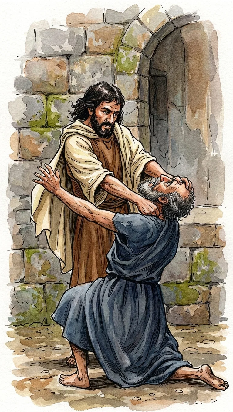 He “took him by the throat, saying, Pay me that thou owest.”