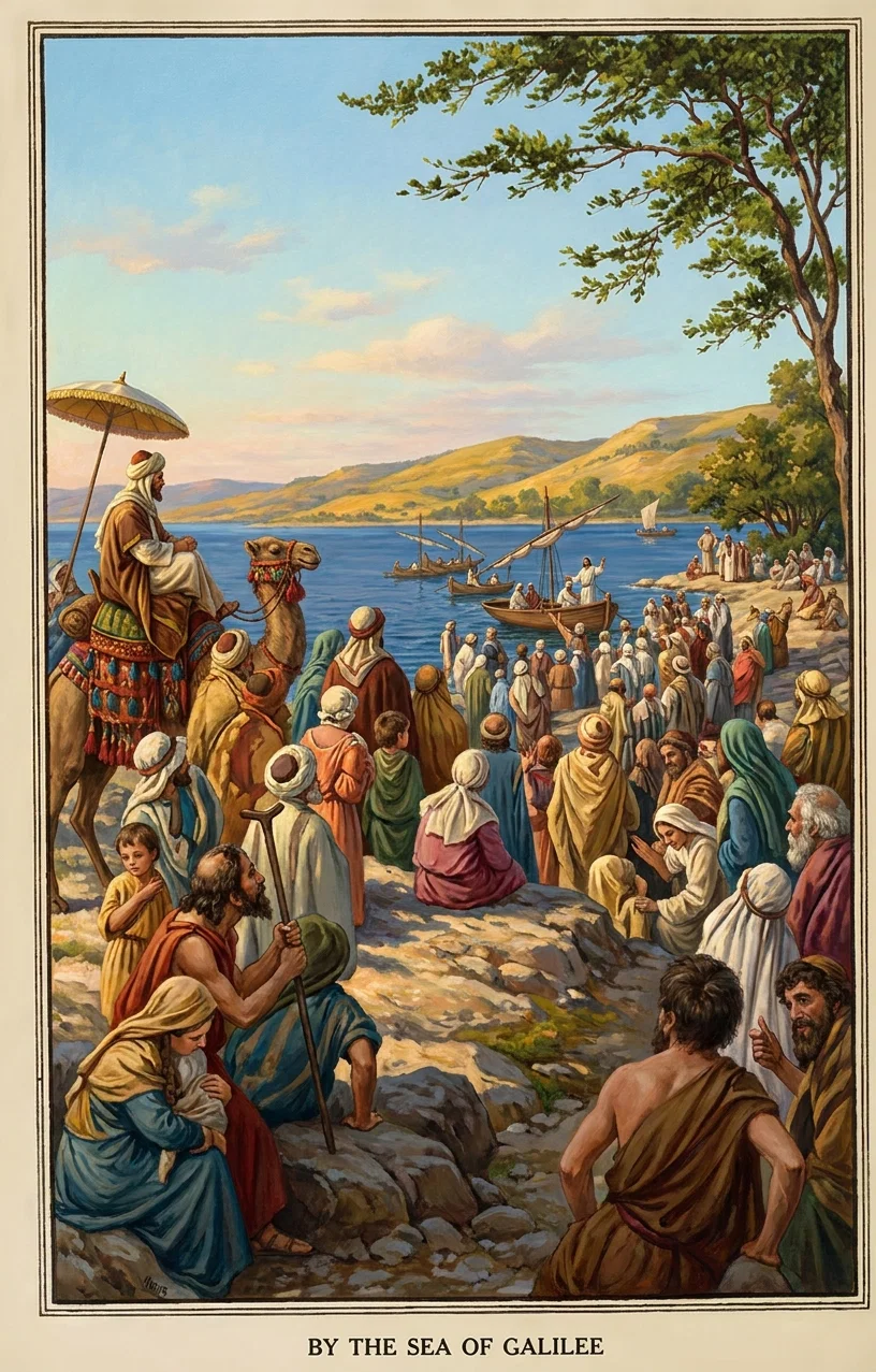 “A company had gathered to hear Jesus,—an eager,”

BY THE SEA OF GALILEE