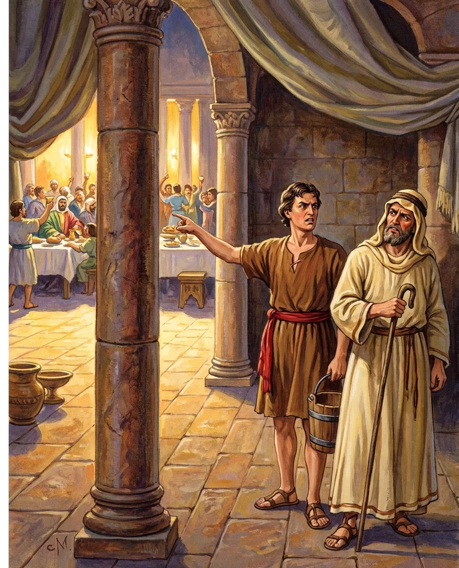 “He called one of the servants, and asked what these things meant. . . . And he was angry, and would not go in.”