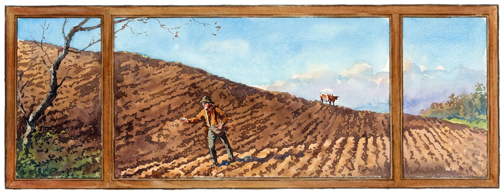 A panoramic rural landscape shows a cultivated hillside or field stretching across the scene, with long, curved rows of furrows or planted crops running down the foreground and right side. Near the center, a solitary laborer stands among the rows, bent slightly and holding a long-handled agricultural tool or staff. Sloping, textured hills rise behind him, while a bare, branching tree frames the left section and a few small trees or shrubs appear in the distance at right. No lettering or other visible text appears within the image.