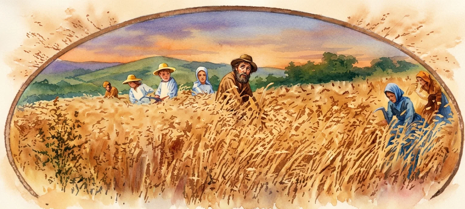 A pastoral scene shows several figures, including Christ and his disciples, seated or standing amid a broad field of tall grasses on the Mount of Olives. The composition is framed by a large oval arch, with the figures scattered across the middle distance and low hills or dark vegetation along the horizon. On the right, two prominent women appear among the grasses, while additional people are visible toward the center and left. The subdued landscape and evening atmosphere suggest the setting associated with awaiting the bridegroom.