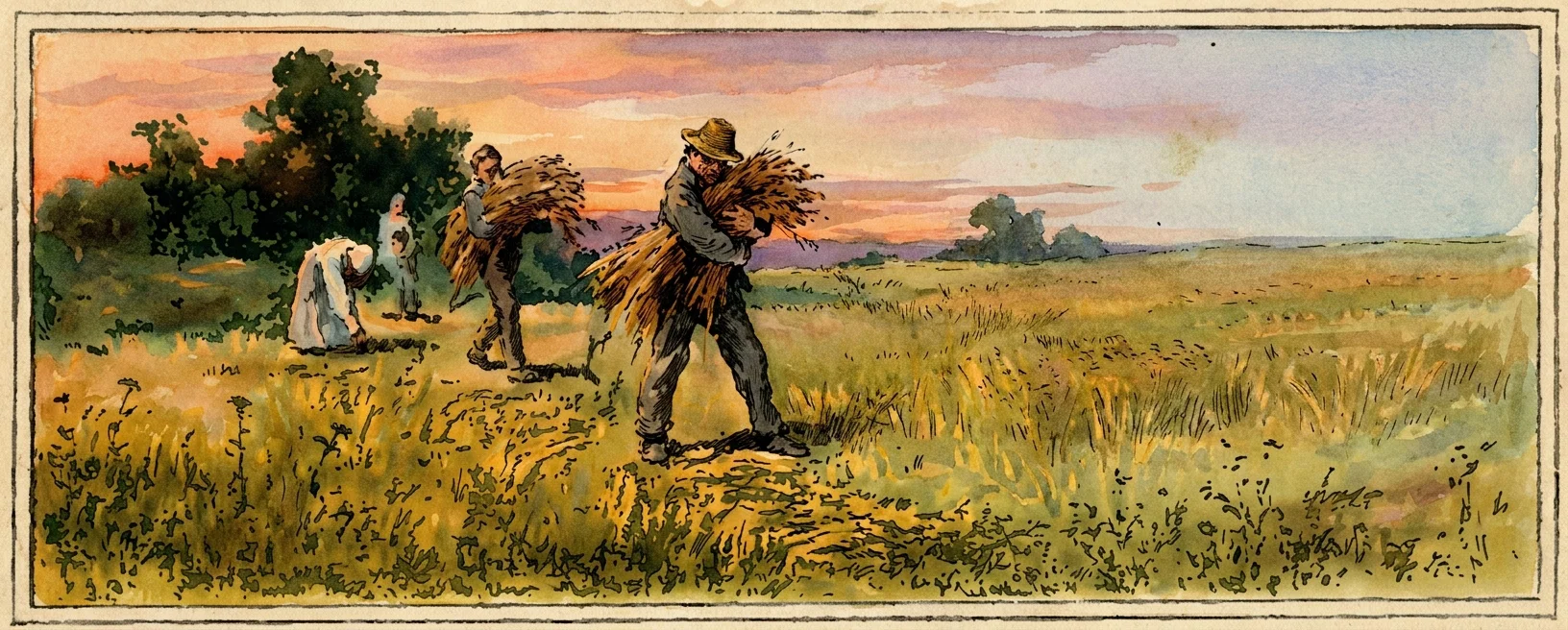 A pastoral scene shows a rural path or field bordered by tall grasses and low flowering plants. In the foreground, a prominently drawn figure in a broad hat and loose, draped clothing walks toward the right, carrying a large bundle or sheaf across the chest. Behind this person, two smaller figures stand or sit near the edge of the path, with one appearing to bend or kneel. Dense trees and shrubbery form a dark background on the left, while the open landscape extends across the right; no lettering or other text is visible within the scene.