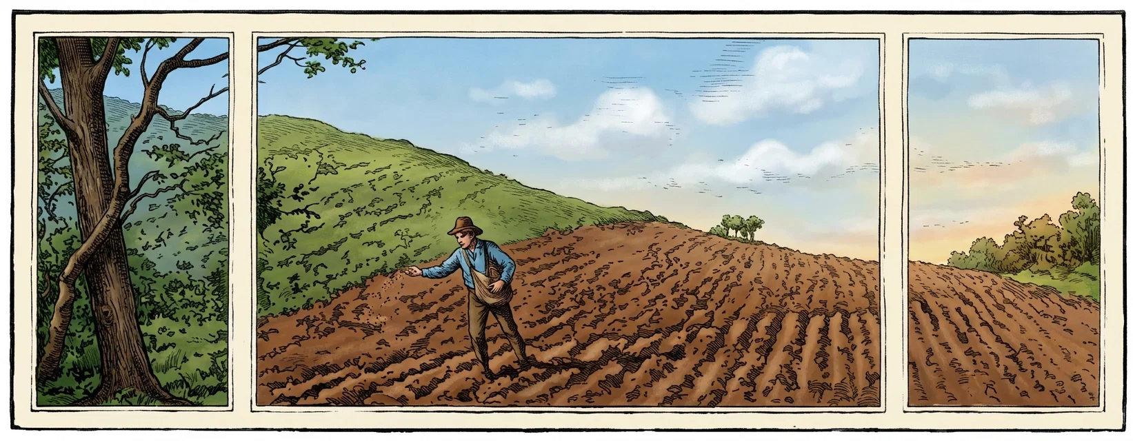 A three-panel pastoral scene illustrates the parable of the sower. The broad central panel shows a robed figure standing on a sloping cultivated hillside, apparently scattering seed across rows of furrows, with a wooded ridge rising behind him and a pale open sky above. The narrow left panel focuses on a rugged, leafless tree trunk and branches against the wooded hillside, while the right panel continues the view of the planted field and distant vegetation. No lettering or other text is visible within the image.