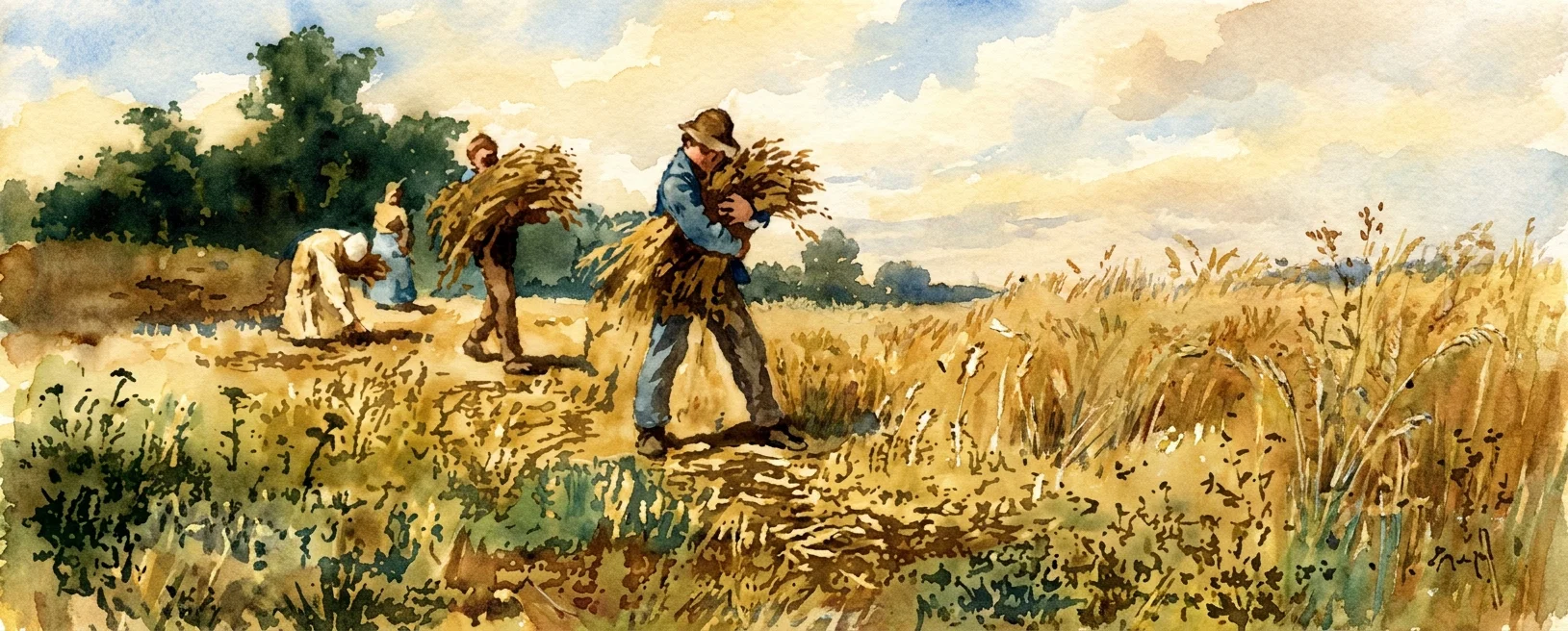 A rural field scene shows several agricultural workers harvesting or tending tall plants. In the foreground, a broad-hatted man strides along a rough path carrying a large bundle of cut stalks or weeds against his chest. Behind him, another bent figure gathers vegetation, while two more people kneel or work among the crops. The field is bordered by dense grasses and low plants, with dark trees and shrubbery forming a background at left and an open, pale sky stretching across the right. No lettering or other text appears within the scene.