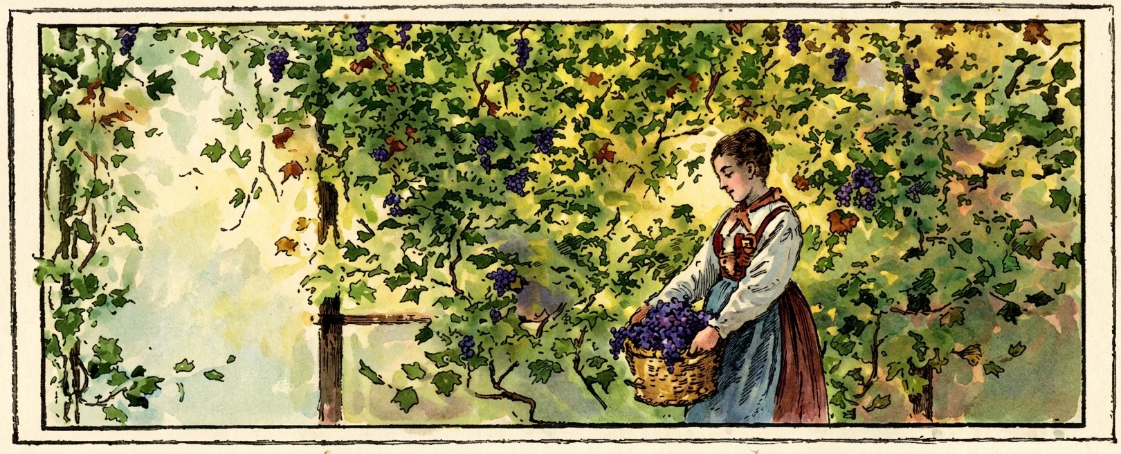 A young woman stands amid dense, flowering vegetation, bending slightly as she tends or scatters seeds from a large woven basket held before her. She wears a long dress with a lighter apron or shawl and looks downward toward the plants. The scene is enclosed by abundant foliage, vines, and branches, with a few indistinct birds or small forms among the leaves. A low rectangular garden structure or wall appears at the lower left, while the surrounding vegetation fills nearly the entire framed composition.