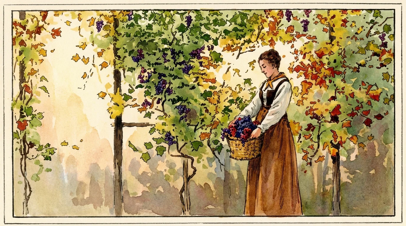 A woman stands in a leafy garden or wooded setting, bending slightly as she gathers or tends plants in a large woven basket held at her side. She wears a long skirt and a light blouse or dress with a dark collar and trim, and her head is turned downward toward the basket. Dense foliage and tree trunks fill the background, while a low horizontal wall, fence, or garden border runs behind her. The scene is framed by a simple rectangular border, with no visible lettering or other text within the artwork.