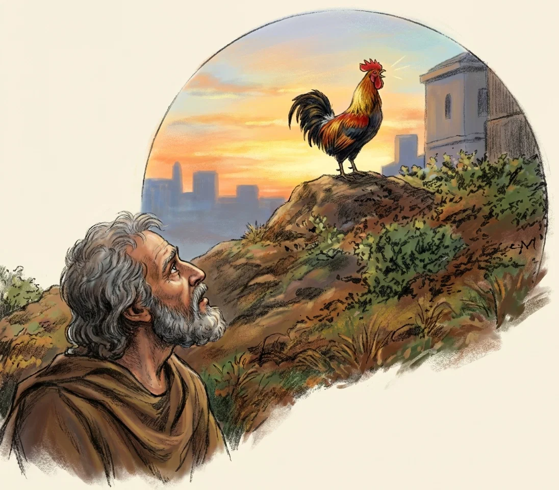 The crowing of the cock reminded him of the words of Christ.