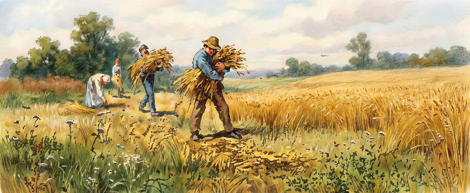 A pastoral shoreline scene shows several figures gathering a large fishing net. In the foreground, a person walks across the grassy bank carrying a heavy, bundled net or catch over one shoulder, while another figure behind them bends or pulls at the net. Farther left, two smaller figures stand near the water or reeds, one appearing to handle the net. Tall grasses and scattered plants fill the foreground, with a calm, open body of water extending across the right side and a dark, indistinct tree-lined shore in the background.