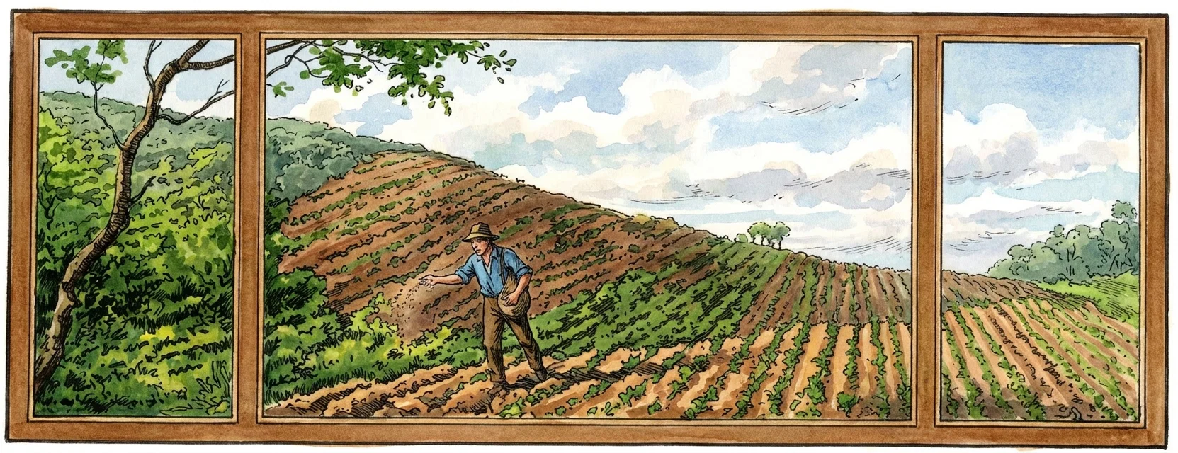 A panoramic rural landscape unfolds across three adjoining panels, showing a steep, darkly shaded hillside covered with regularly planted rows, suggestive of a vineyard or cultivated field. In the central panel, a solitary human figure stands among the furrows, appearing to work or survey the land. A gnarled, leafless tree frames the left section, while the right section continues the patterned rows toward a distant, uneven horizon. The sky is mostly open and pale, with a few small marks suggesting distant birds or clouds.