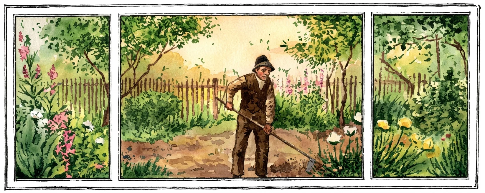 A three-panel pastoral scene depicts a gardener tending a garden or orchard. In the broad central panel, a man wearing a brimmed hat and work clothes stands among cultivated ground, leaning on a long-handled hoe or spade as he works the soil. A rustic vertical fence stretches behind him, with trees and dense foliage framing the scene. The narrower side panels show close views of leafy vegetation, shrubs, and tree trunks, suggesting the surrounding orchard or garden. No lettering or other text appears within the artwork.