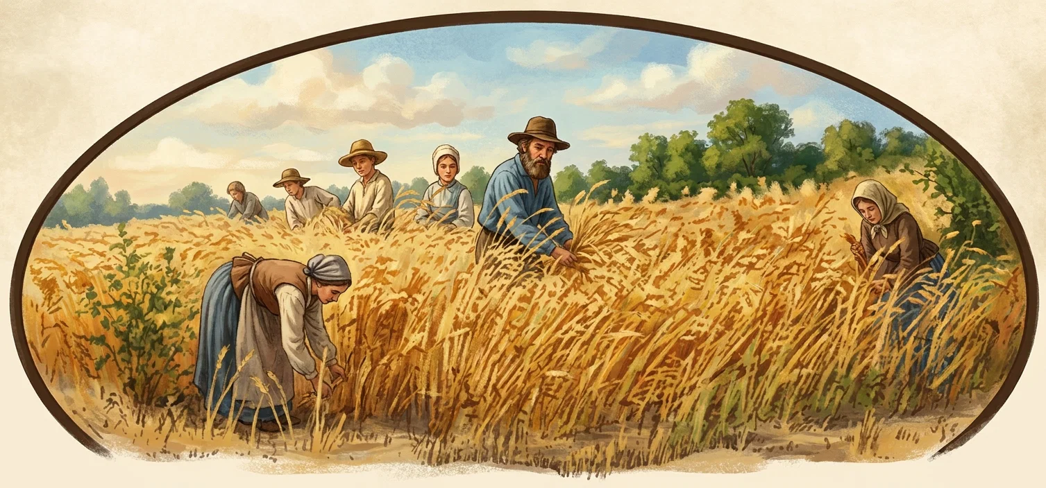 An oval-framed rural scene shows several people working amid a dense, tall field of grain or grass. In the center, a bearded man in a draped robe stands prominently among the crops, with groups of laborers or listeners scattered behind him and to either side. A kneeling or bent figure on the right appears to be gathering or tending the plants, while other figures in broad hats work across the middle distance. Trees and low hills form a soft background beneath an open sky, and no lettering or other text appears within the artwork.