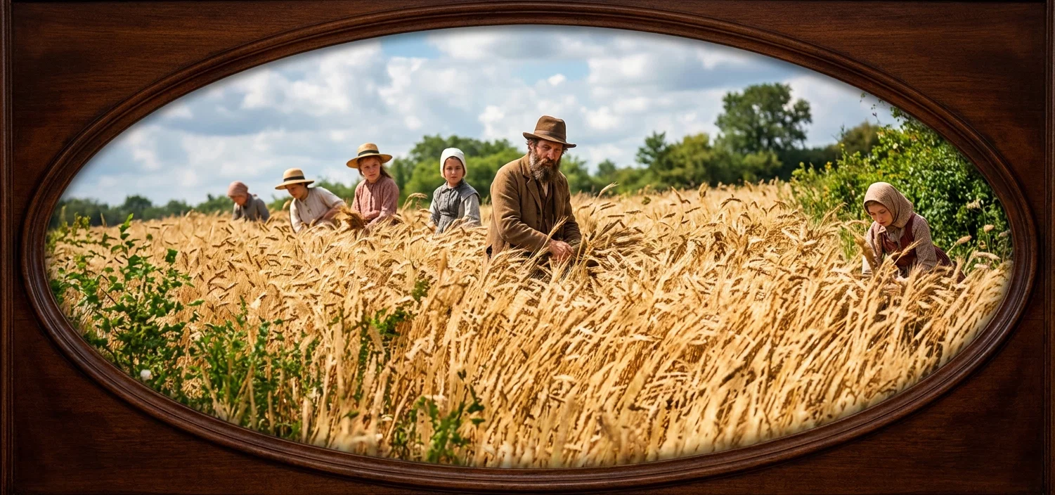 An oval-framed rural scene shows several people scattered through a tall field of grain or grasses. In the middle distance, a small group of figures—some wearing broad-brimmed hats and one appearing to carry or hold a bundle—stands amid the vegetation, while another person bends or works at the right. Dense stalks and leafy plants fill the foreground, with a low, hazy landscape and dark cloudlike forms stretching across the background. The composition emphasizes communal labor in an open countryside setting.