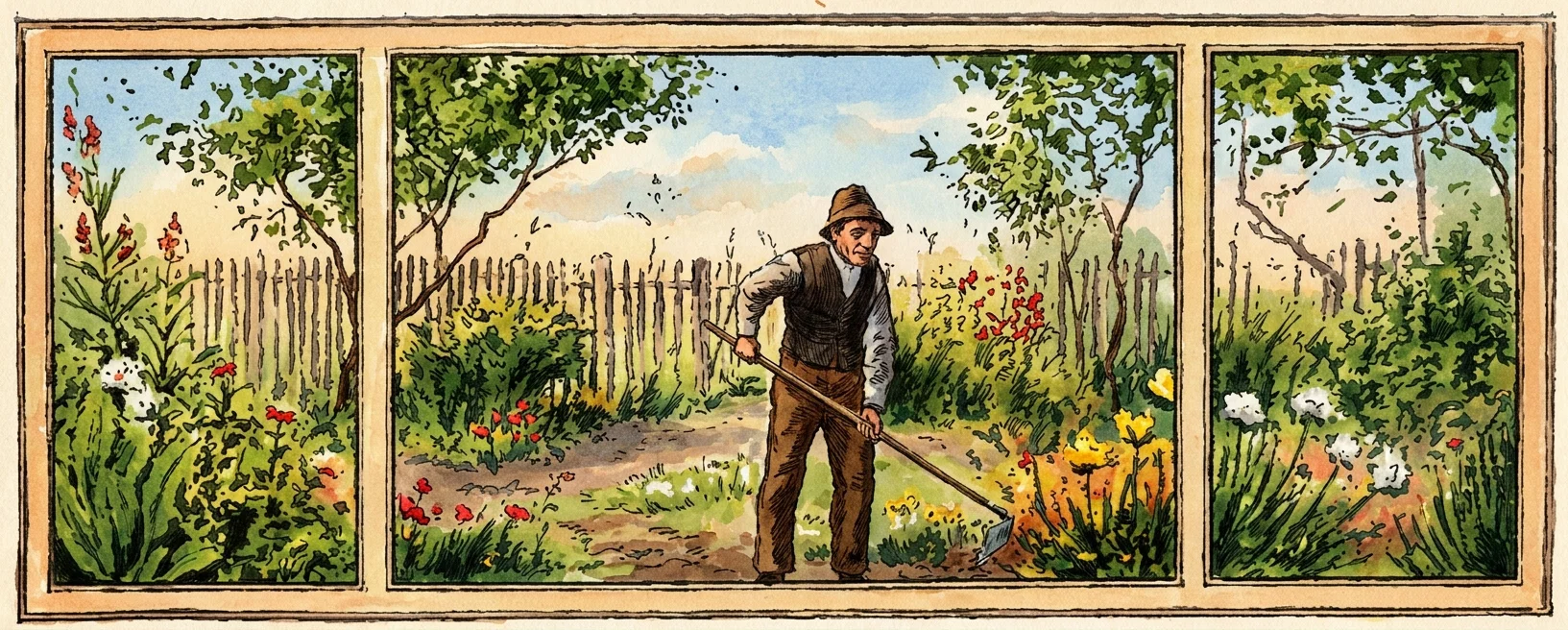 A solitary farm laborer stands in the center of a rural field, dressed in dark work clothes and a brimmed hat, leaning forward as he holds a long-handled hoe or rake against the soil. Behind him is a rustic vertical-post fence stretching across the scene, with trees and dense vegetation framing both sides and a lightly wooded landscape beyond. The image is arranged in three adjoining panels: the central panel presents the full figure at work, while the narrower side panels show close views of foliage, crops, fence posts, and tree trunks. No lettering or other text appears within the depicted scene.