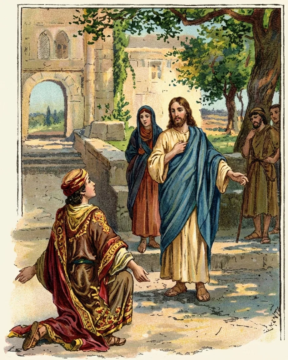 “A young ruler came, ... and kneeling, reverently saluted Him.” ... gave him ... make manifest