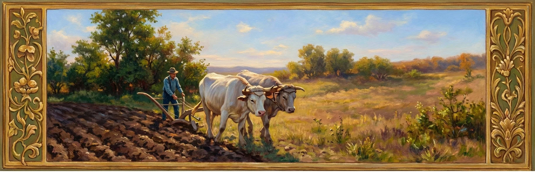 A pastoral agricultural scene shows two oxen standing side by side in the center, apparently yoked together and attached to a plow or farming implement. The animals face right across an open, lightly textured field, while dark trees and dense vegetation rise along the left edge. Furrows or rough soil appear in the foreground beneath them, and a low, hazy horizon extends across the background. No clearly legible text or lettering is visible within the scene.
