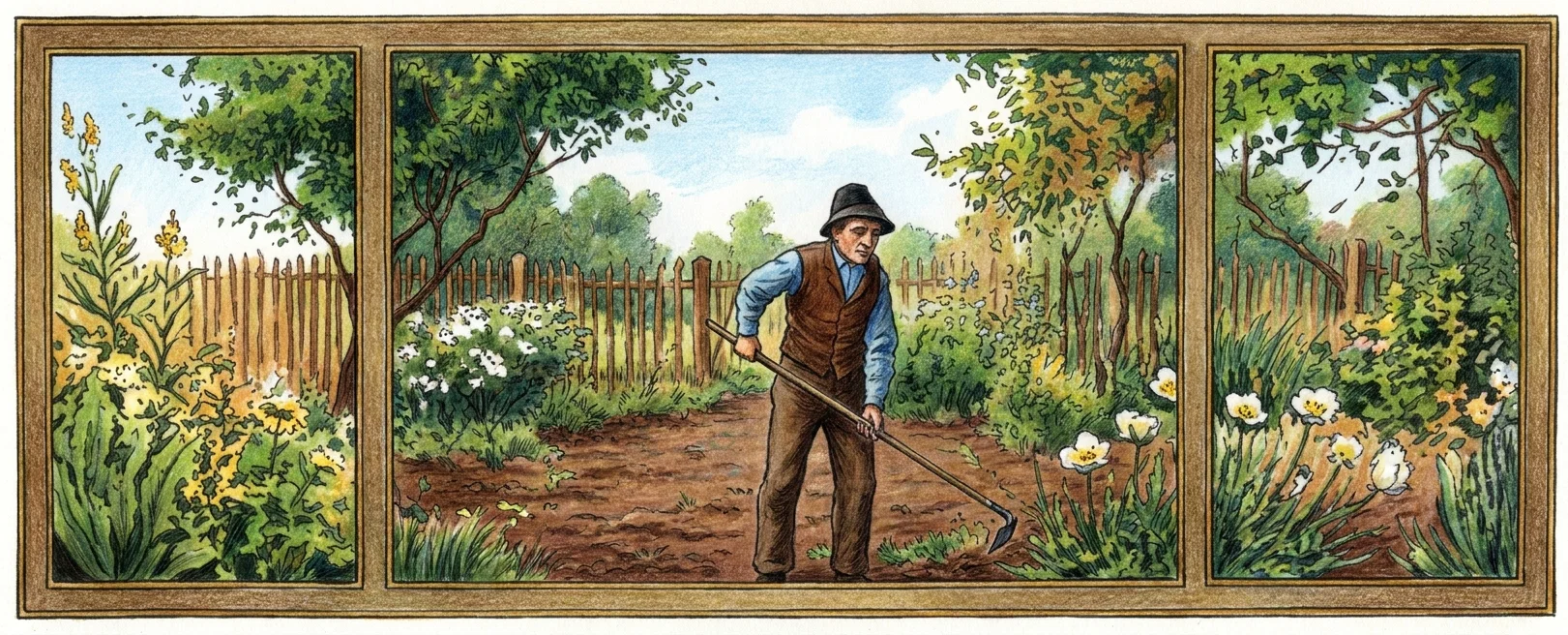 A triptych-like rural scene illustrates the growth of a crop. In the central panel, a farmer wearing a broad-brimmed hat and work clothes stands in a cultivated field, holding a long-handled hoe or similar tool and working the soil. Behind him is a rough wooden fence, with trees and foliage framing the landscape. The narrow side panels show close views of plants and dense vegetation, including tall stems, leaves, and flowering growth, suggesting the progression from sprouting blade to mature ear. No lettering or other text appears within the artwork.