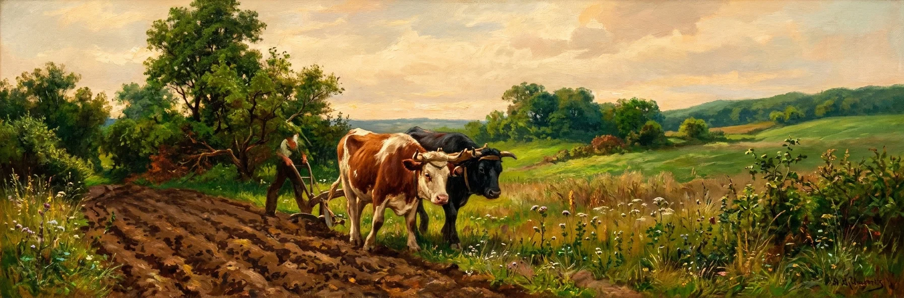 A rural pastoral scene shows a farmer walking behind and guiding a large ox as it moves along a furrow through a field. The animal occupies the center of the composition, with its head lowered and harness or yoke visible, while the farmer follows closely behind, partly obscured by the ox. Bushes and trees fill the left side, open grasses and cultivated ground extend across the right, and low hills form a soft horizon in the background. No lettering or other text appears within the image.