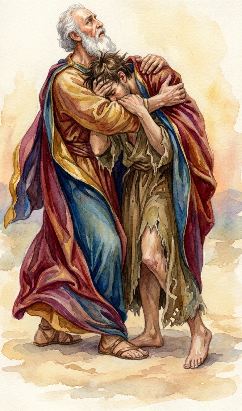 “He takes from his own shoulders the broad, rich mantle, and wraps it around the son's wasted form, and the youth sobs out his repentance.”