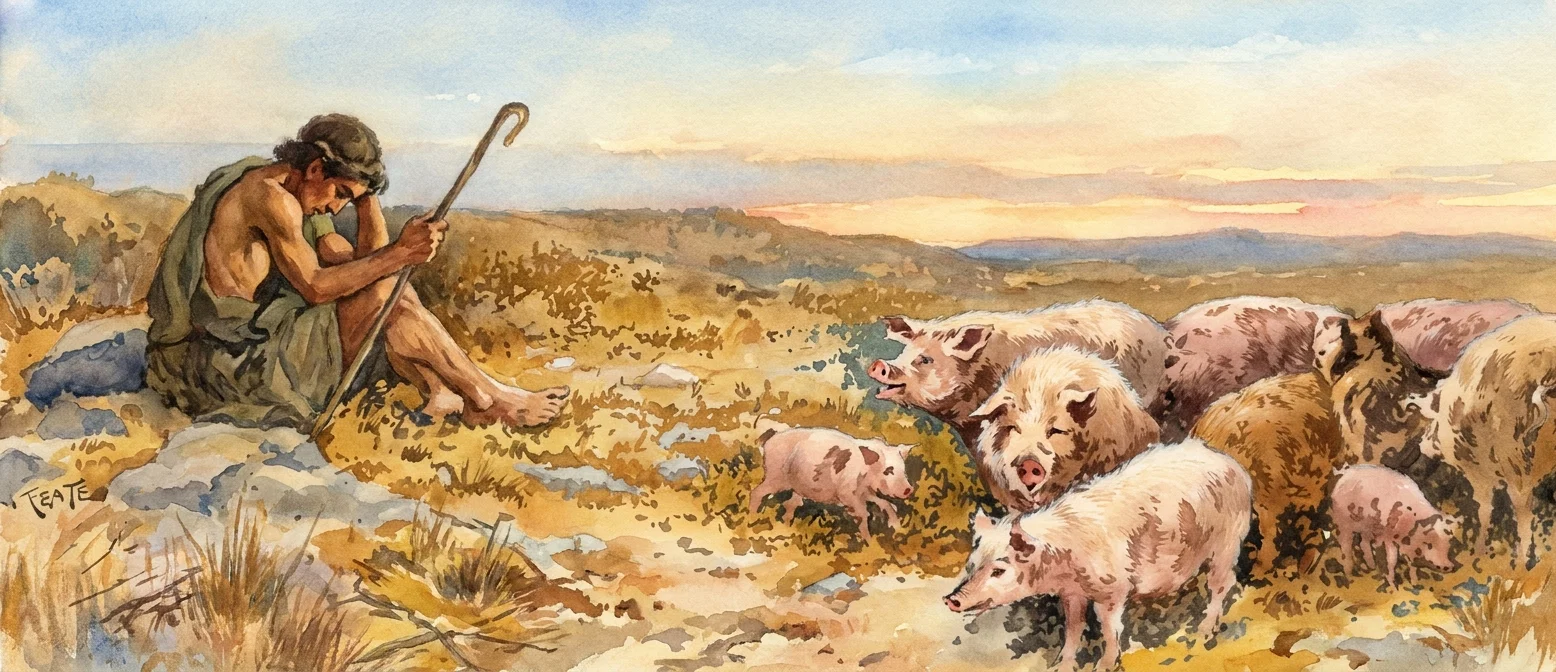 “Sitting upon the ground, in that desolate and famine-stricken land, with no companions but the swine.”